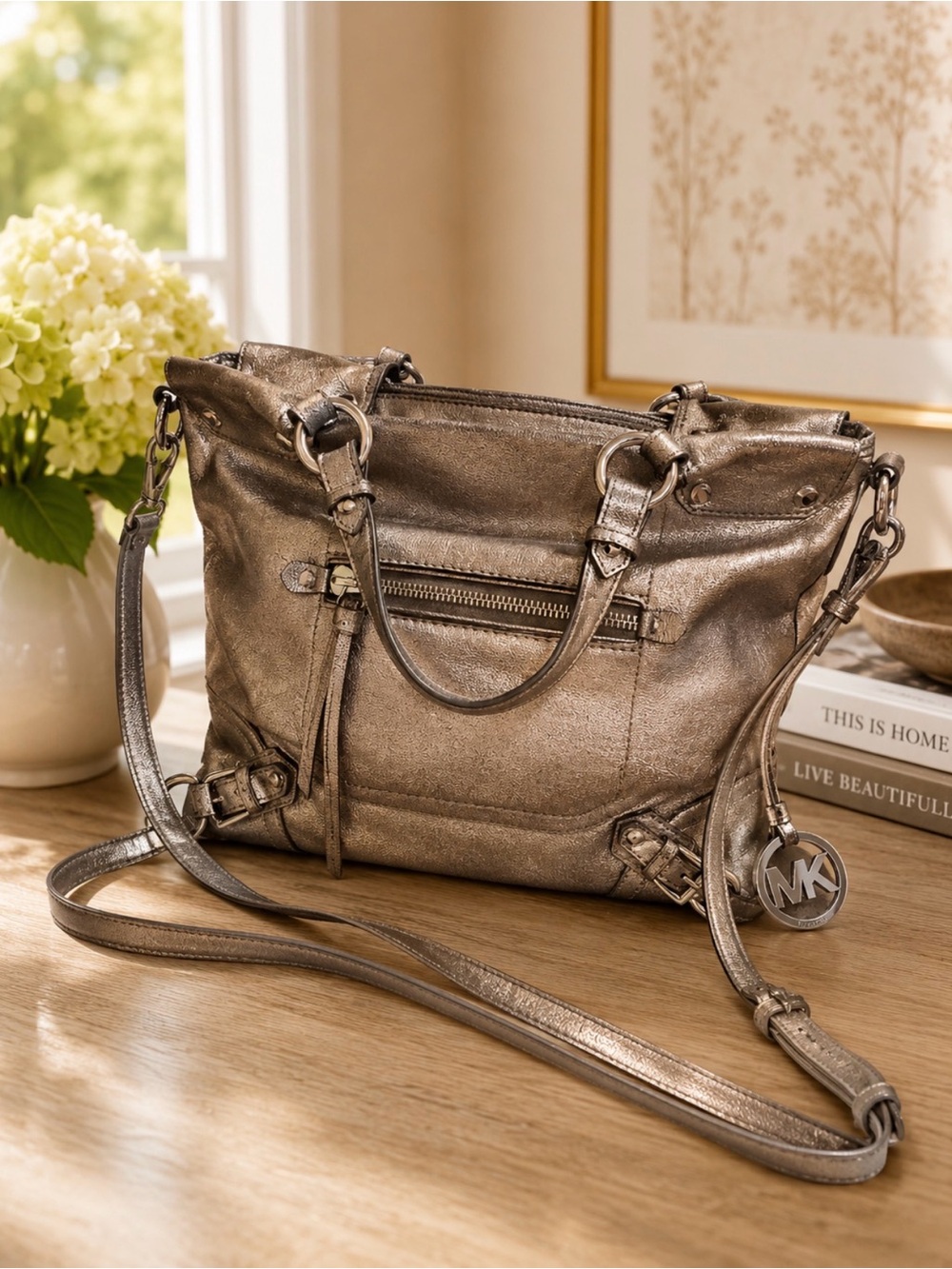 Michael Kors Metallic silver Leather Shoulder /crossbody Bag
